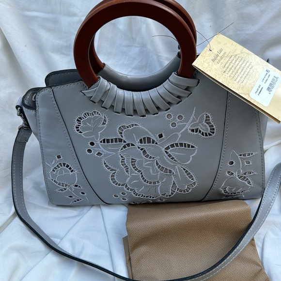 Patricia Nash Fall Lace Leather Lyon Satchel Crossbody Formal Grey - Picture 6 of 8